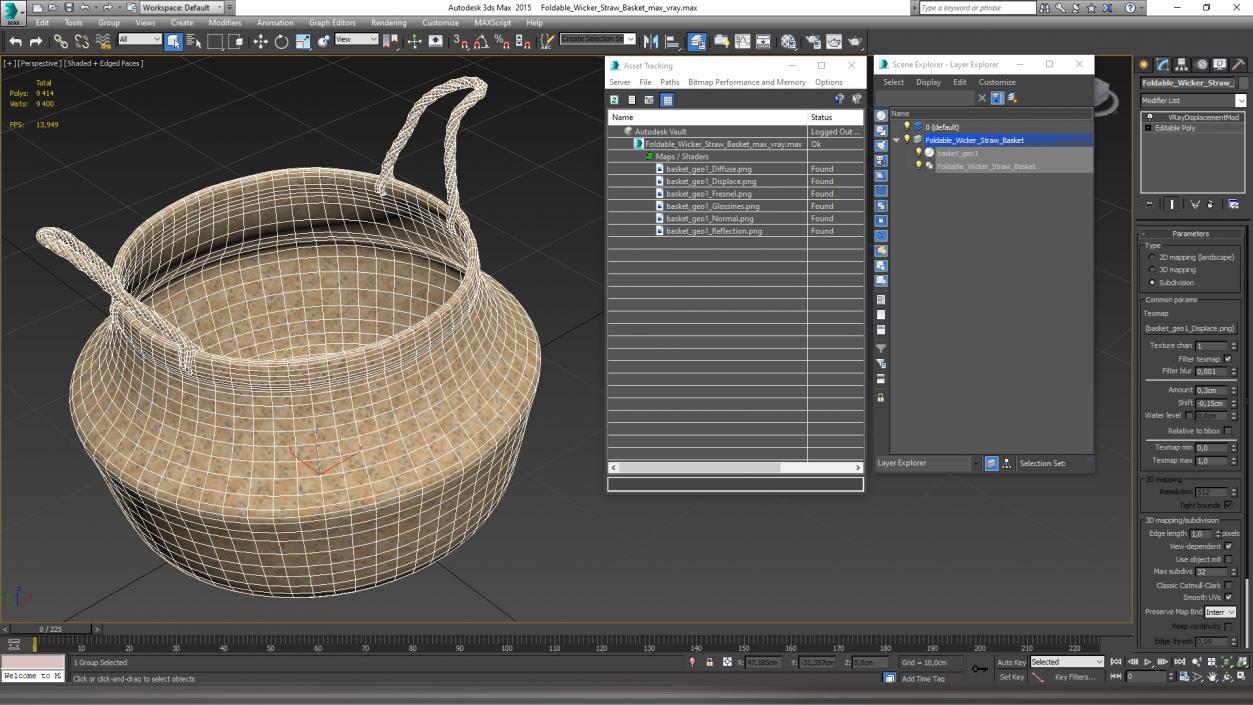 3D Foldable Wicker Straw Basket model