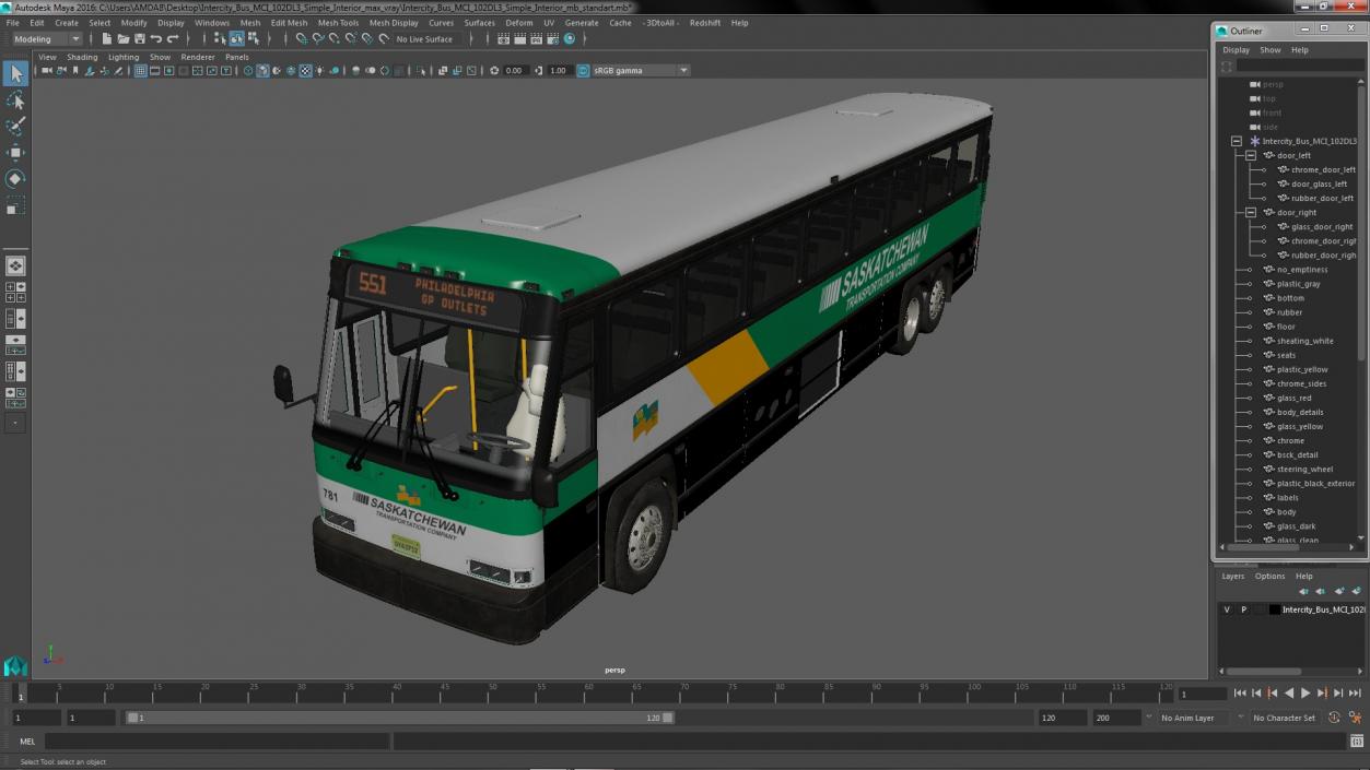 3D model Intercity Bus MCI 102DL3 Simple Interior