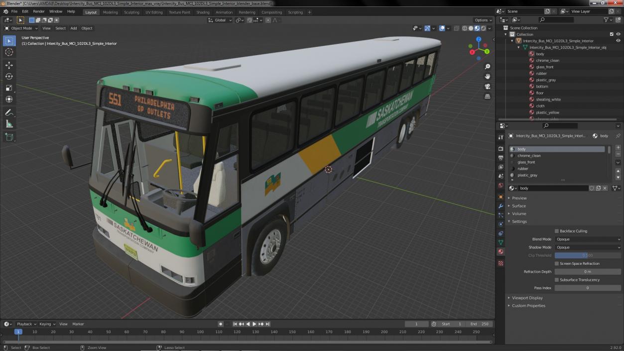 3D model Intercity Bus MCI 102DL3 Simple Interior