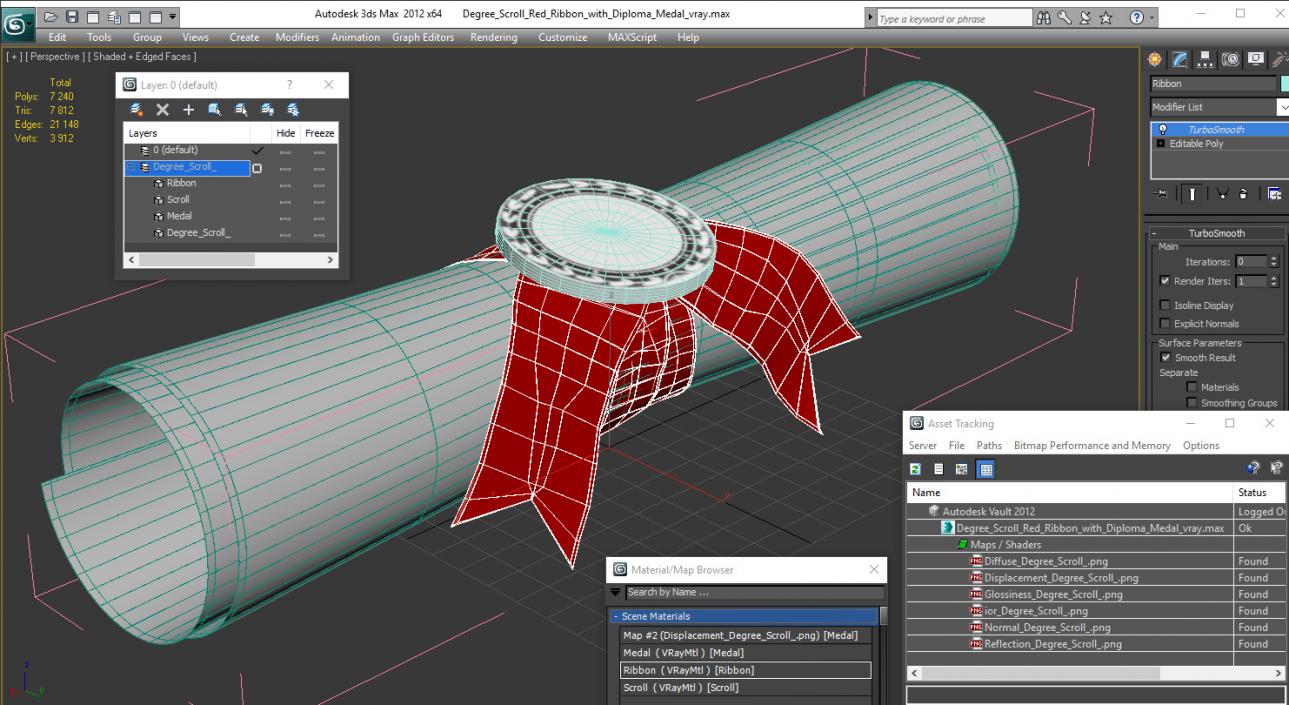 3D Degree Scroll Red Ribbon with Diploma Medal model