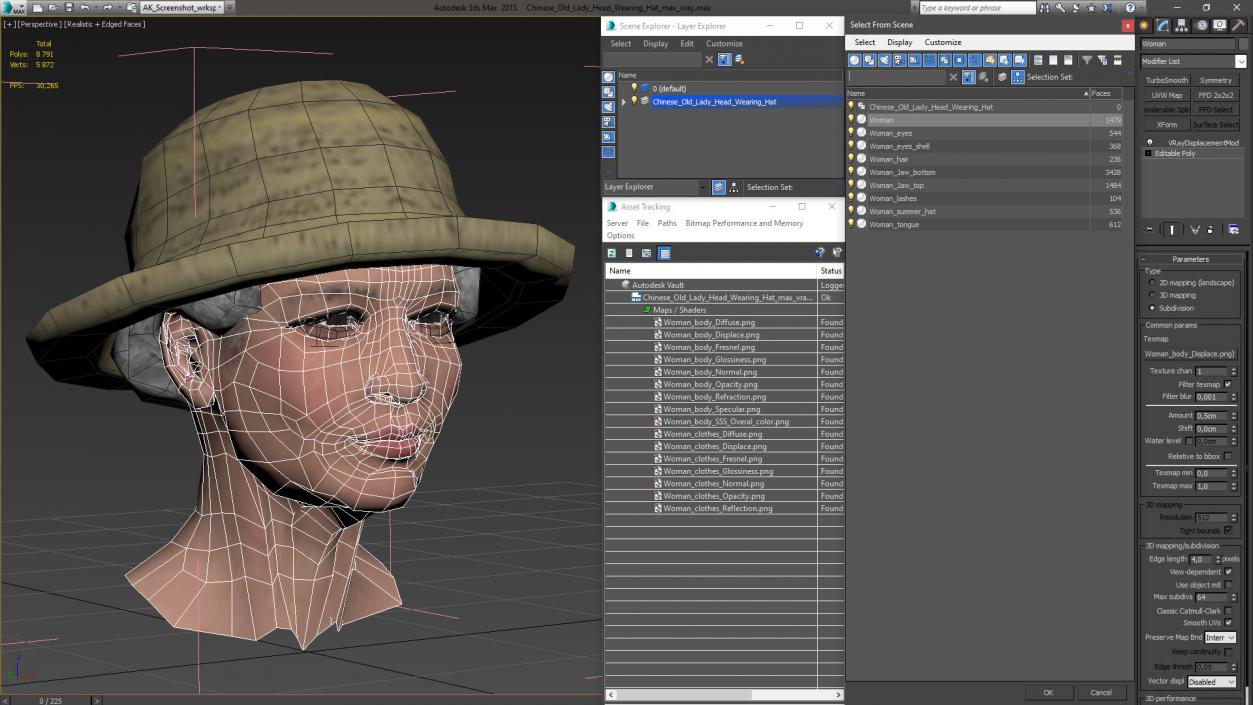 3D Chinese Old Lady Head Wearing Hat model