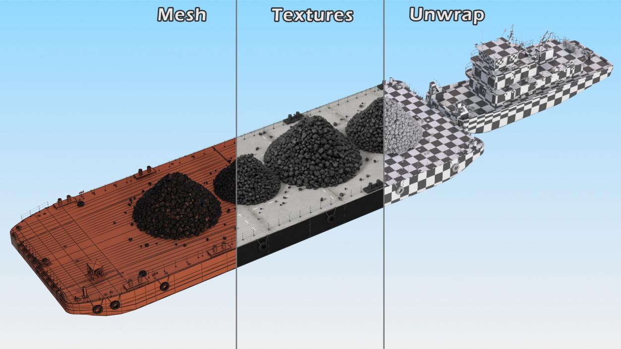 3D model Push Boat Ship with Pontoon Barge Loaded Coal