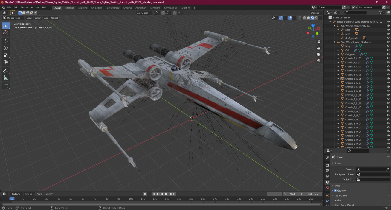 3D model Space Fighter X-Wing Starship with R2-D2