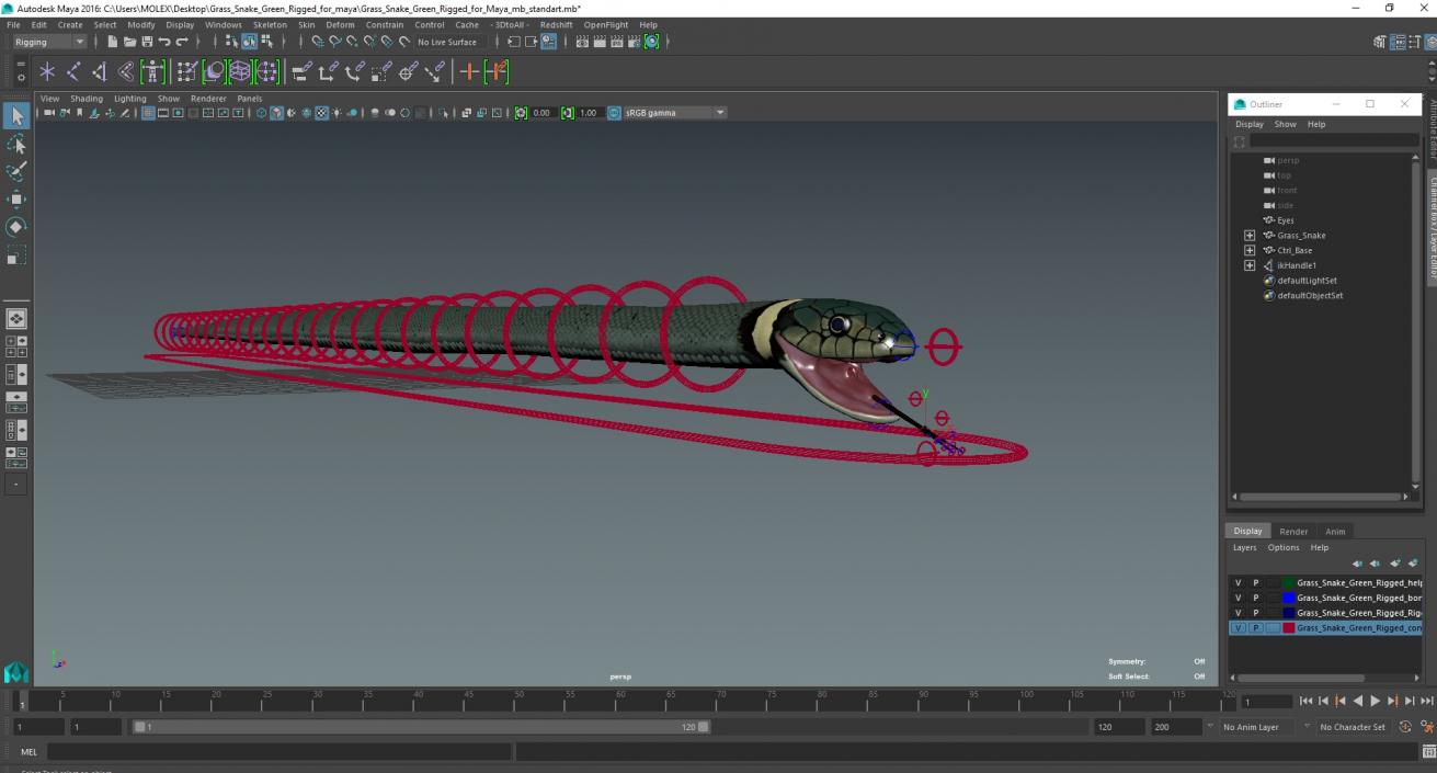 3D model Grass Snake Green Rigged for Maya 2