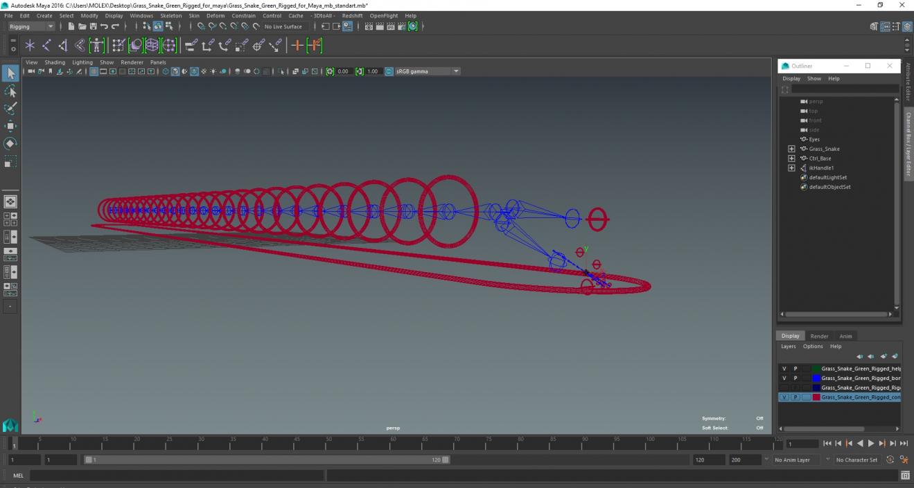 3D model Grass Snake Green Rigged for Maya 2