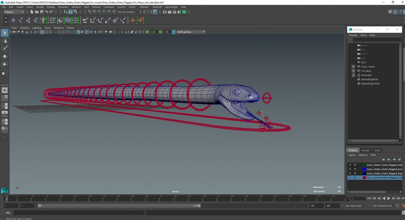 3D model Grass Snake Green Rigged for Maya 2