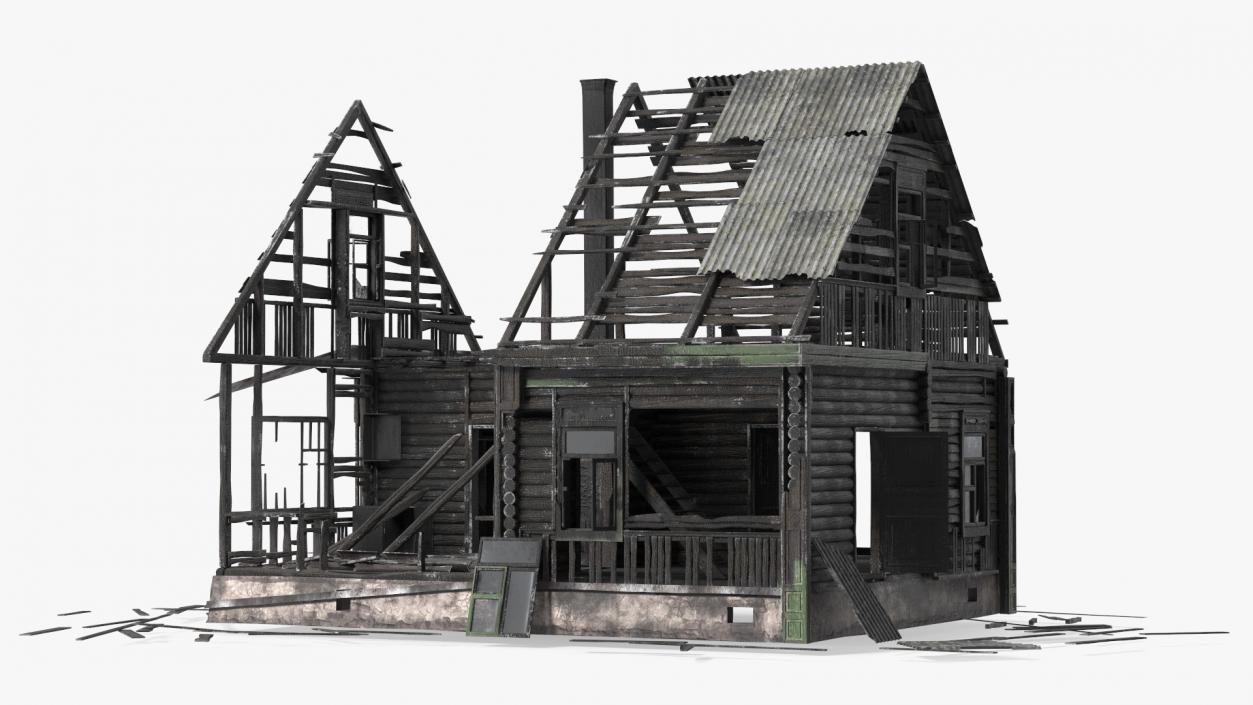 Burnt Wooden House Green 3D model