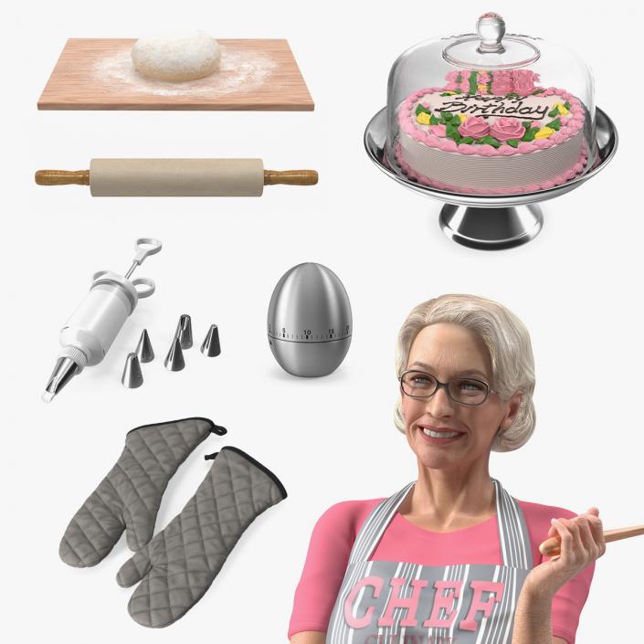 Elderly Woman with Cake Preparings Collection 2 3D