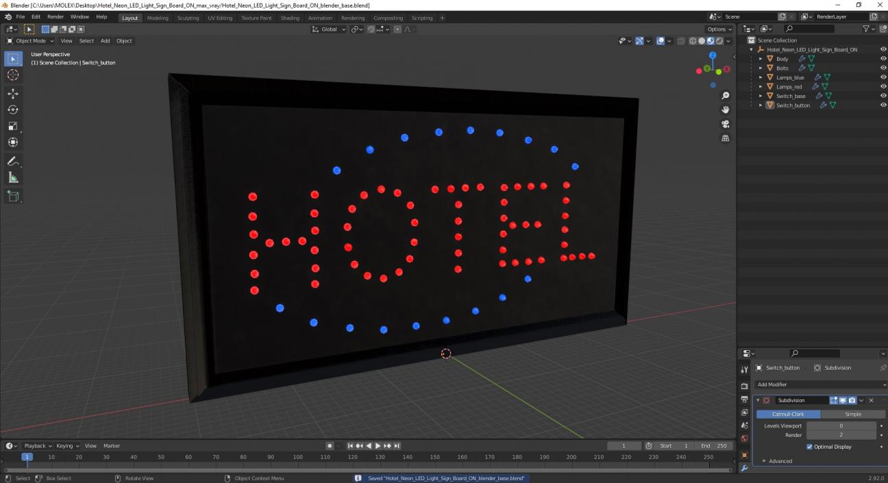 Hotel Neon LED Light Sign Board ON 3D model