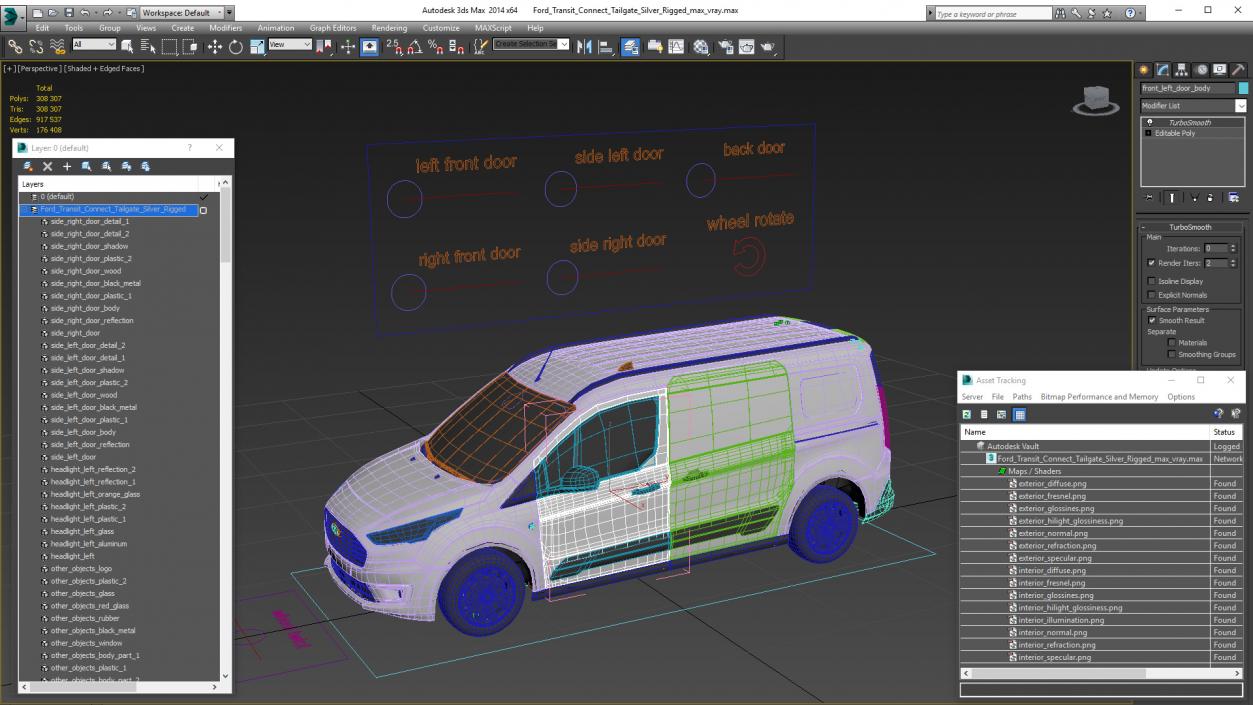 3D Ford Transit Connect Tailgate Silver Rigged model