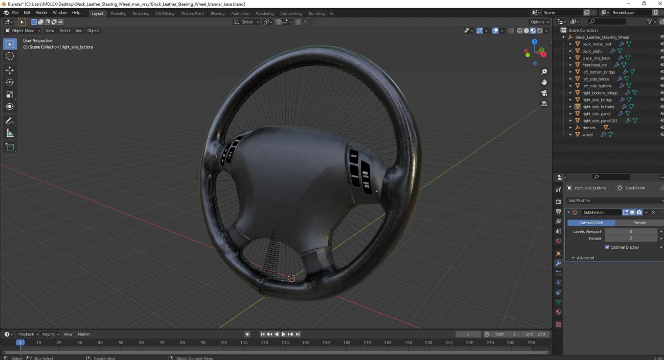 3D Black Leather Steering Wheel model