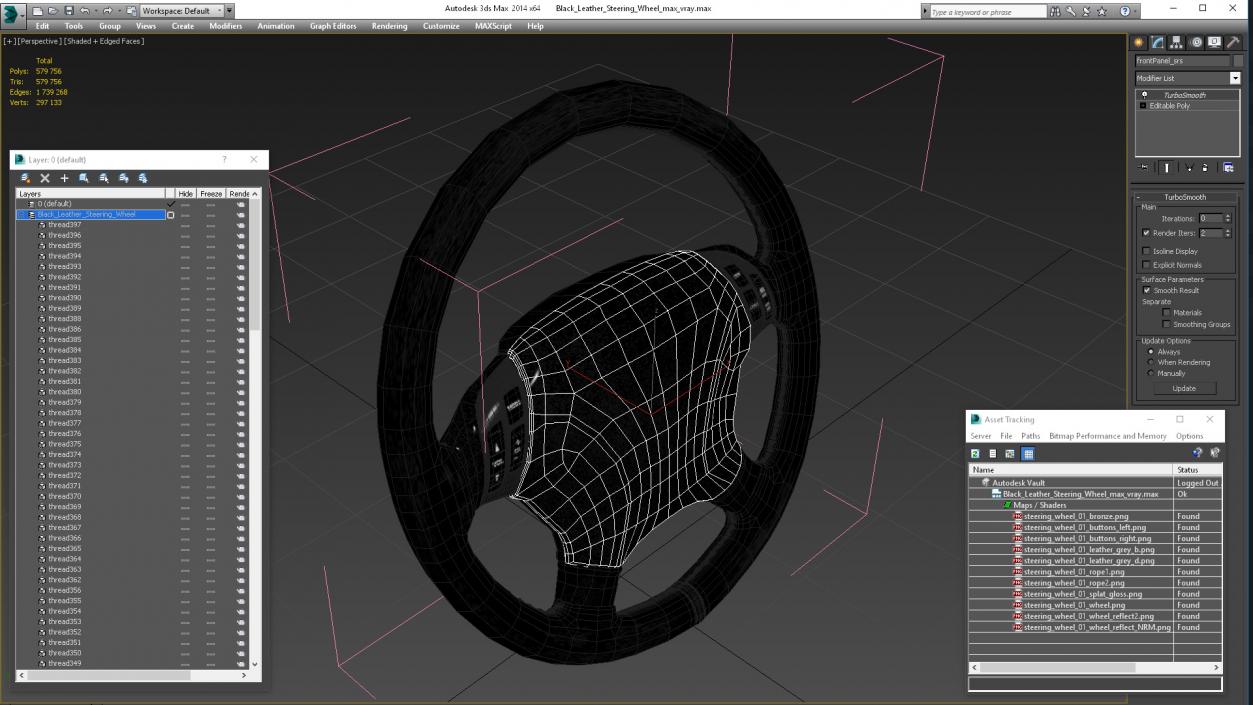 3D Black Leather Steering Wheel model