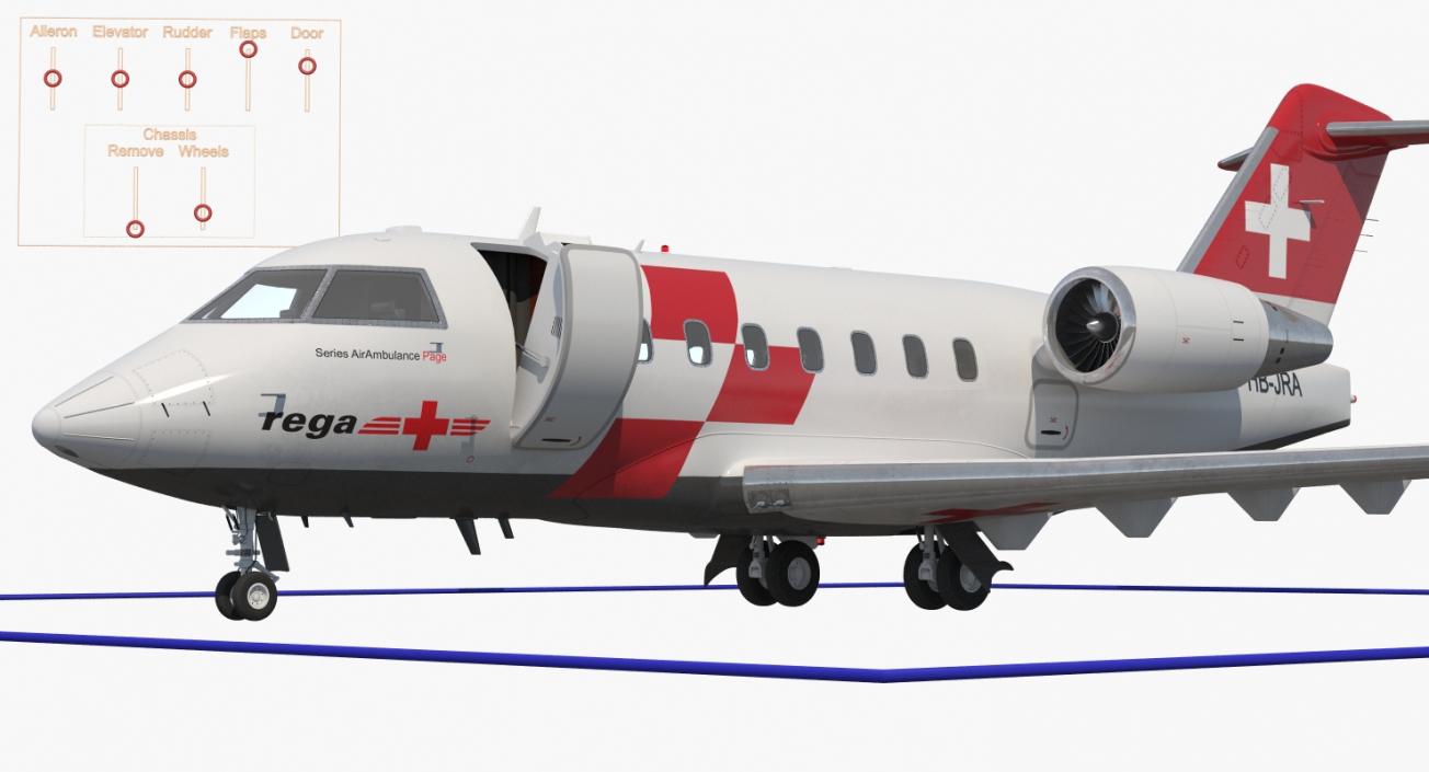 3D Swiss Air Ambulance Jet Bombardier Challenger 604 Rigged