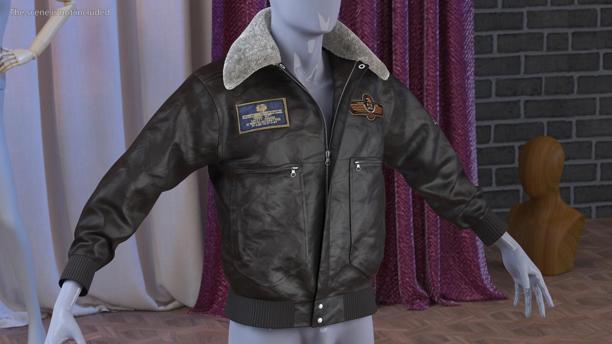 Flight Aviator Leather Jacket Brown Fur 3D model