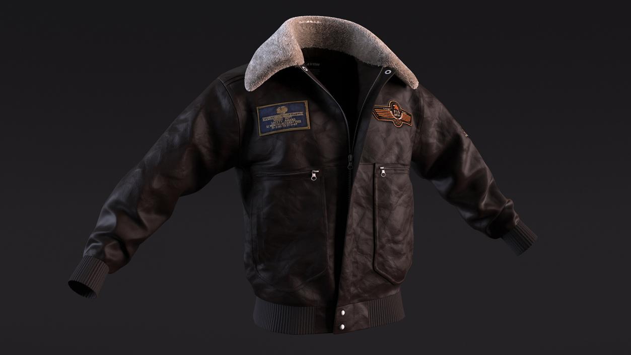 Flight Aviator Leather Jacket Brown Fur 3D model