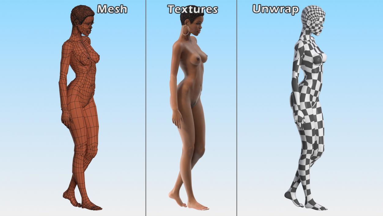 3D model Nude Light Skin Black Woman Walking Pose