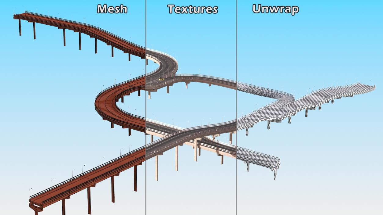 Connectable Highway Road Elements Overpass 2 to 3 Lane 3D model