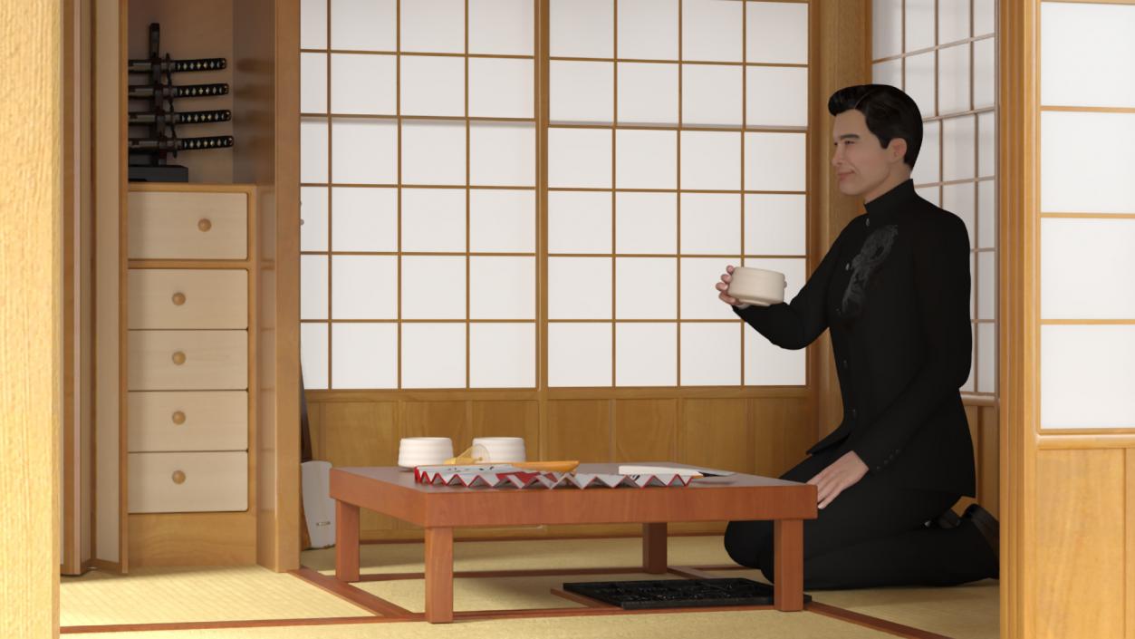 3D model Japanese Man Having Tea in Traditional Tea House 2