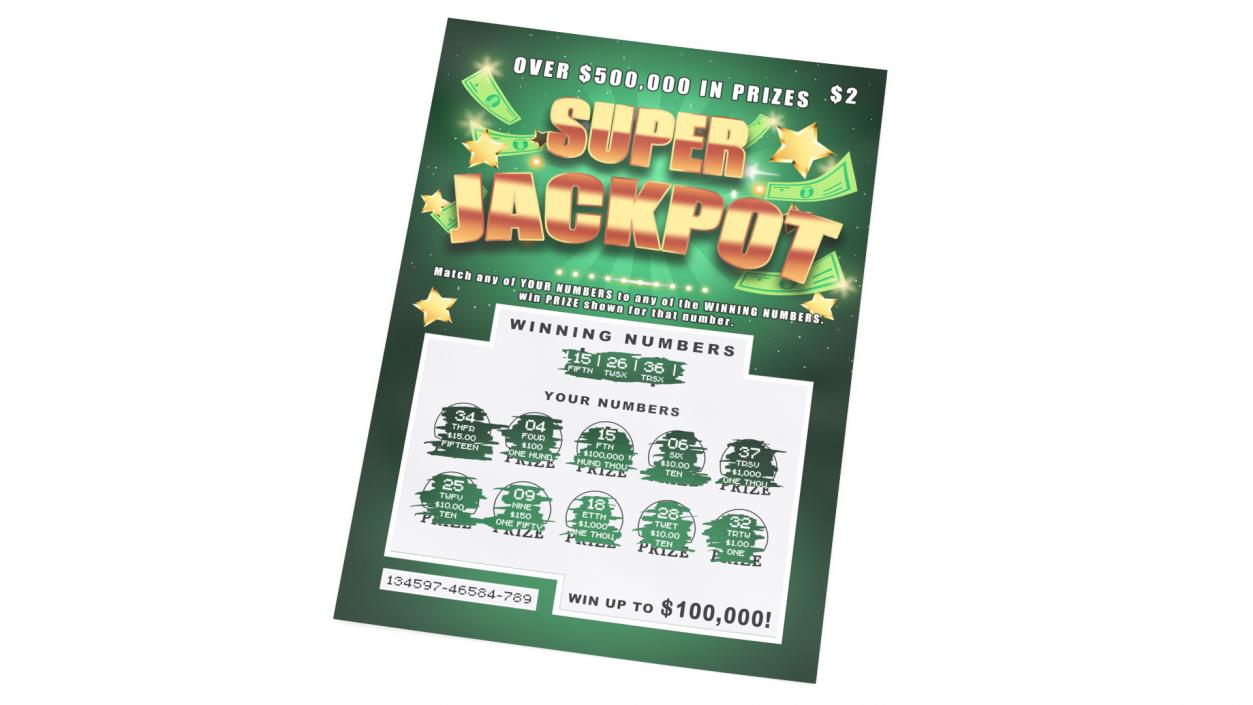 3D Super Jackpot Scratch Off Ticket with Erased Scratchcard