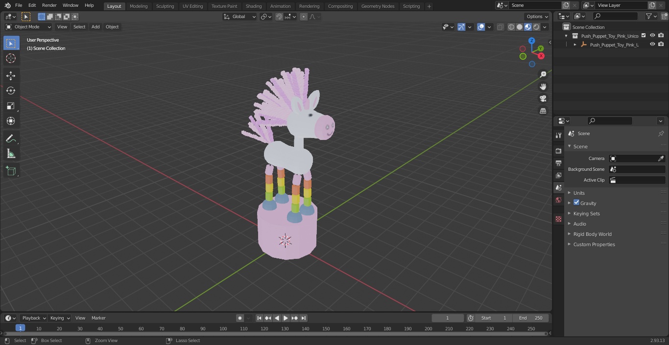 3D Push Puppet Toy Pink Unicorn model