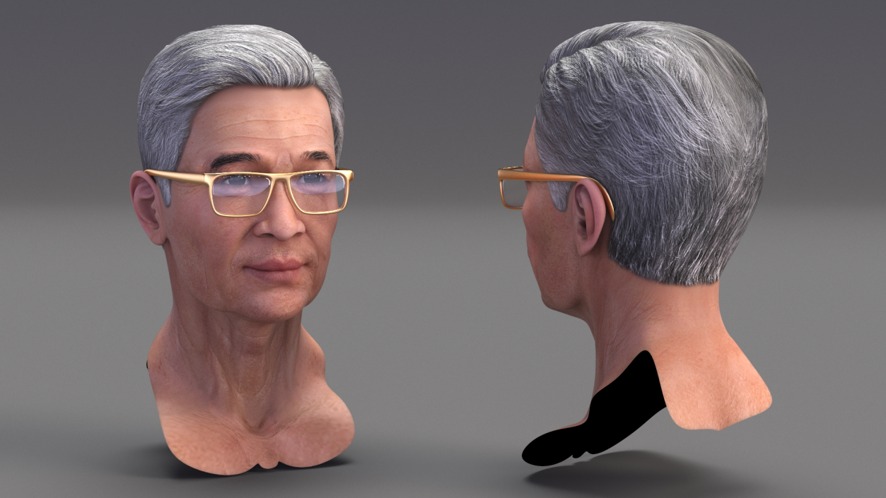 Asian Old Aged Man Head Wearing Glasses 3D model