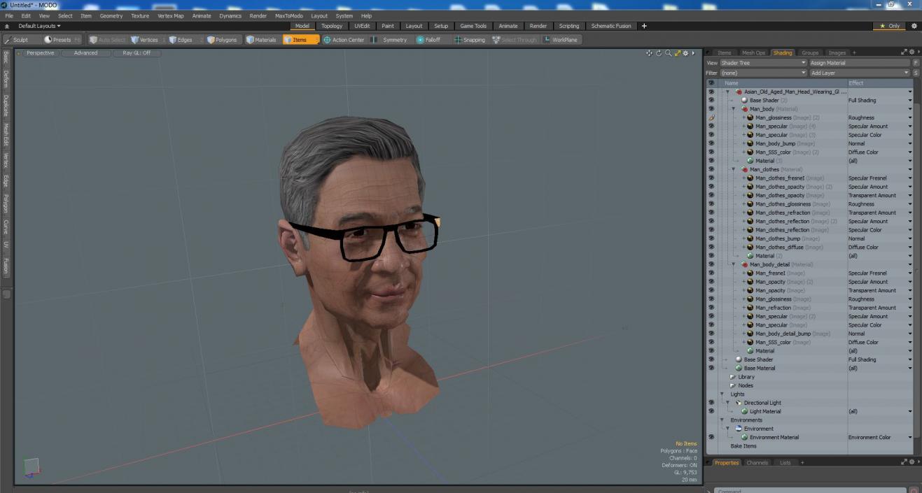 Asian Old Aged Man Head Wearing Glasses 3D model