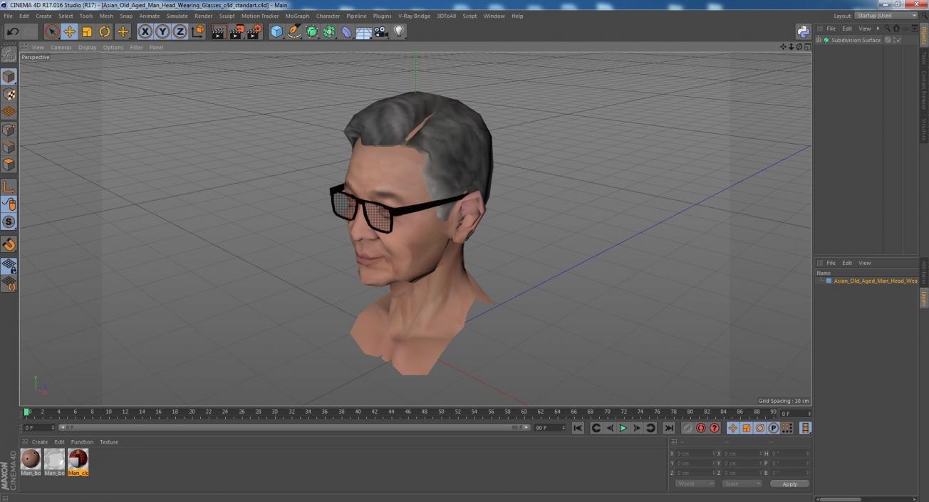 Asian Old Aged Man Head Wearing Glasses 3D model