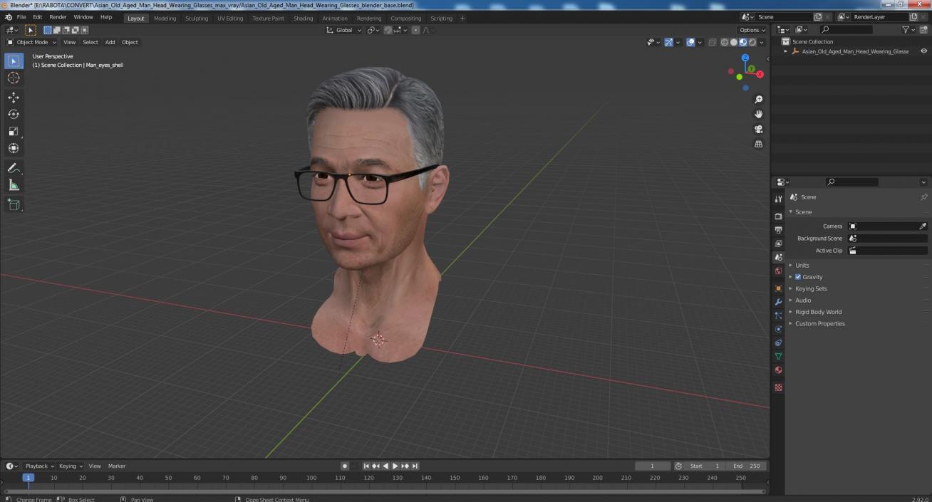 Asian Old Aged Man Head Wearing Glasses 3D model