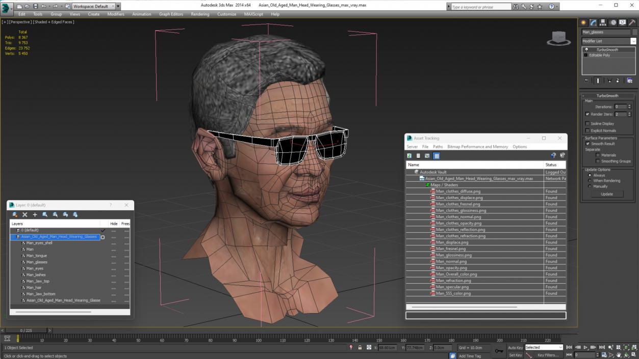 Asian Old Aged Man Head Wearing Glasses 3D model