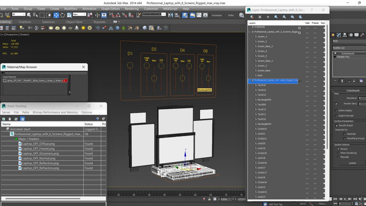3D Professional Laptop with 6 Screens Rigged 2 model