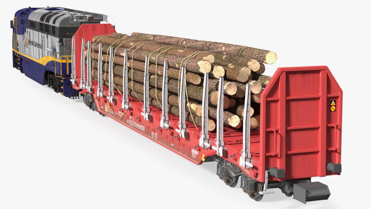 3D Diesel Electric Locomotive with Stake Wagon with Logs model