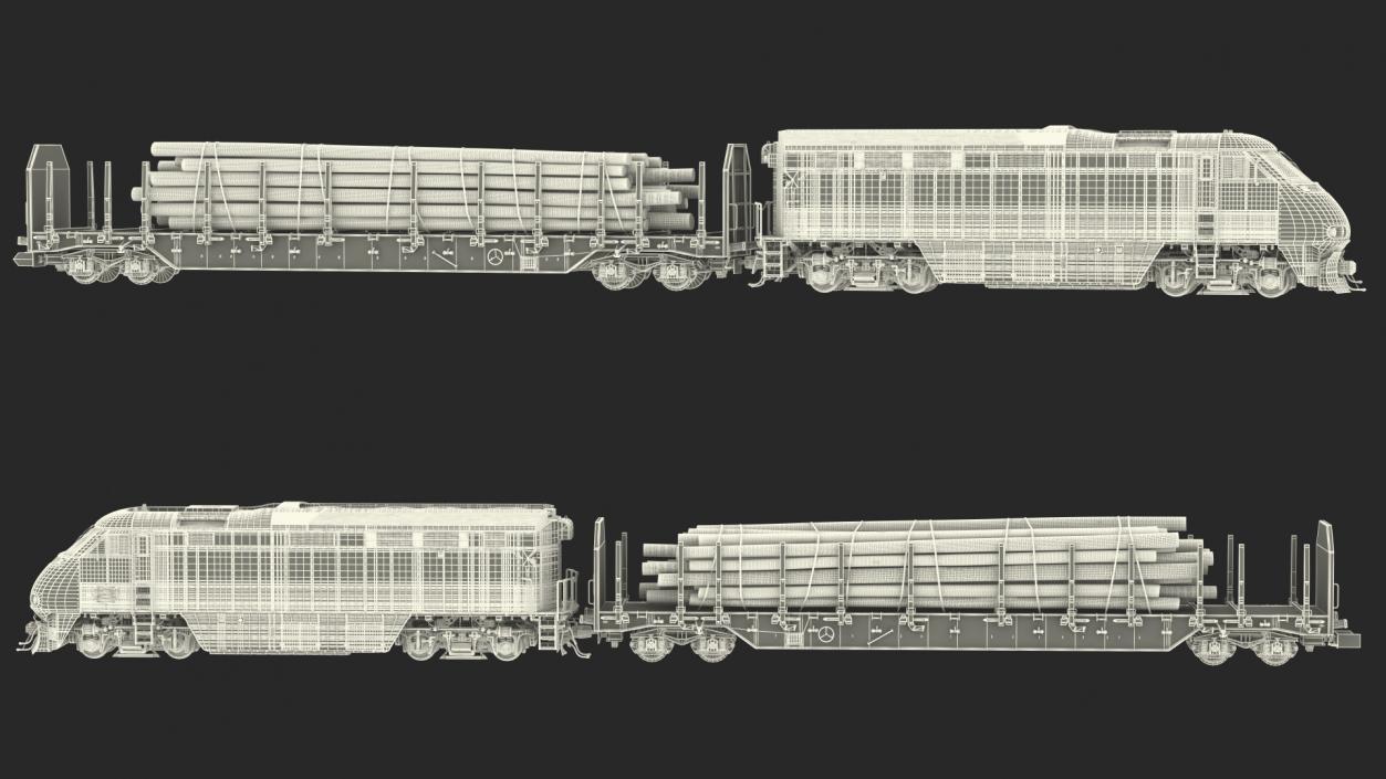 3D Diesel Electric Locomotive with Stake Wagon with Logs model