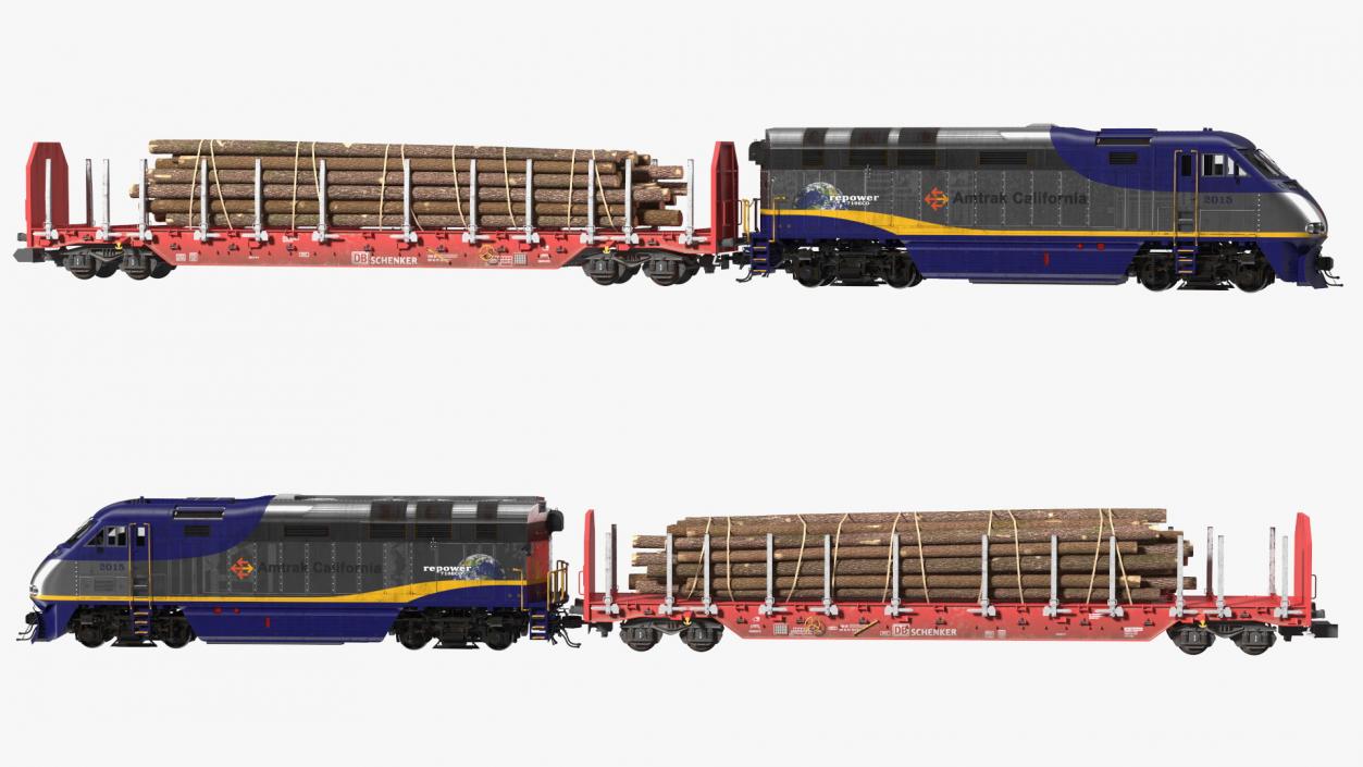 3D Diesel Electric Locomotive with Stake Wagon with Logs model