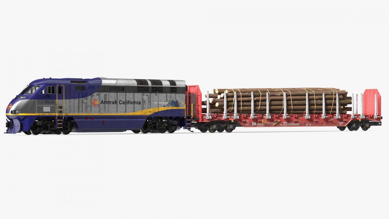 3D Diesel Electric Locomotive with Stake Wagon with Logs model