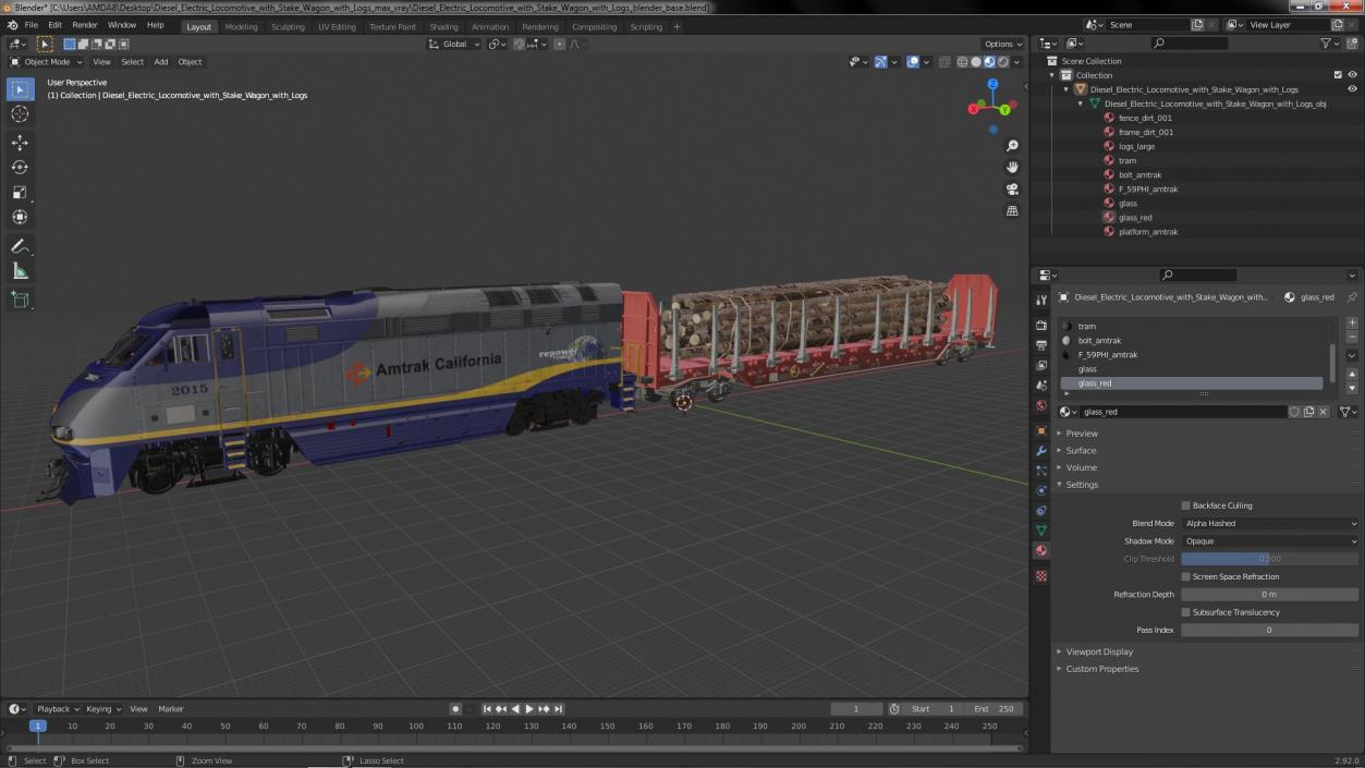 3D Diesel Electric Locomotive with Stake Wagon with Logs model