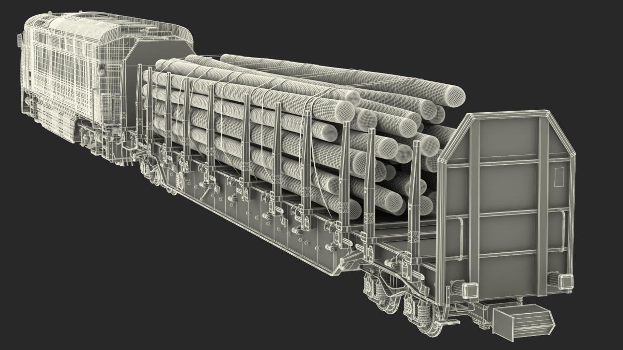 3D Diesel Electric Locomotive with Stake Wagon with Logs model