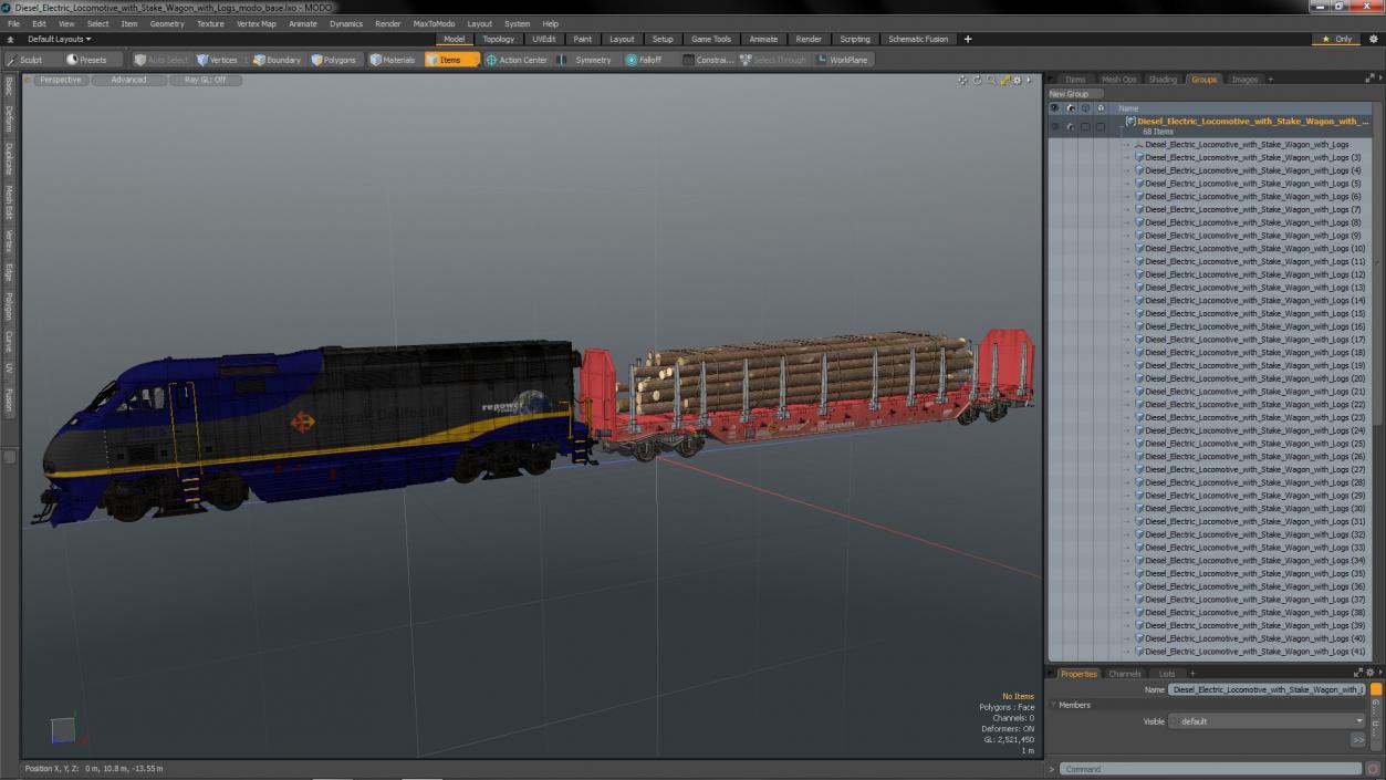 3D Diesel Electric Locomotive with Stake Wagon with Logs model