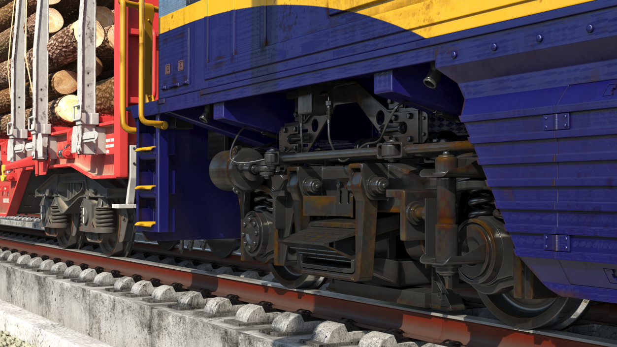 3D Diesel Electric Locomotive with Stake Wagon with Logs model