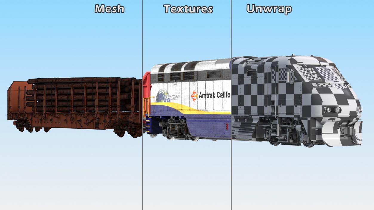 3D Diesel Electric Locomotive with Stake Wagon with Logs model