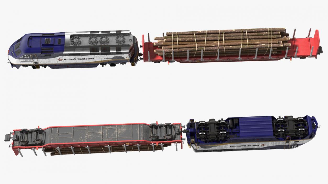 3D Diesel Electric Locomotive with Stake Wagon with Logs model