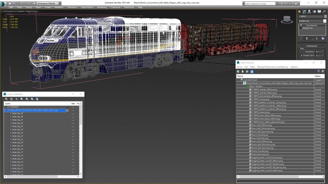 3D Diesel Electric Locomotive with Stake Wagon with Logs model