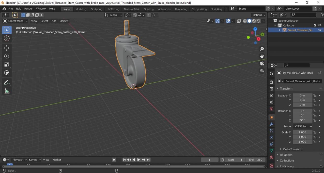 3D Swivel Threaded Stem Caster with Brake model