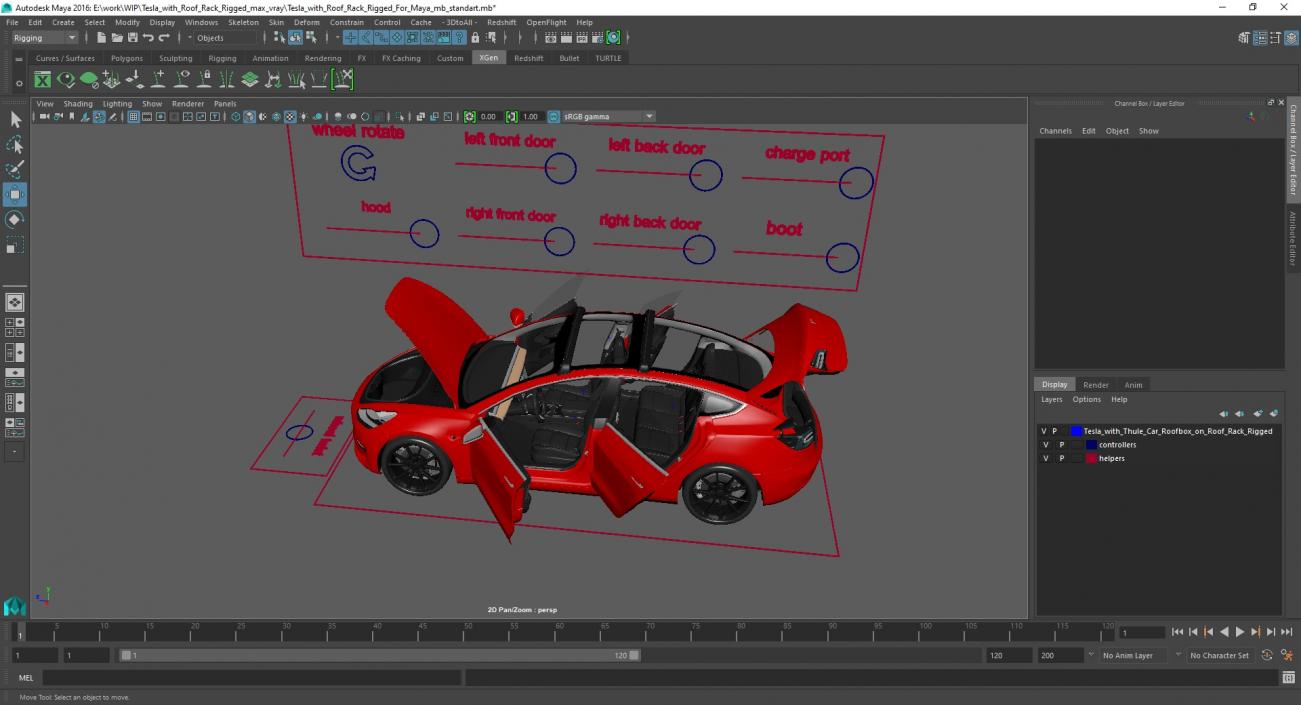 3D Tesla with Roof Rack Rigged for Maya