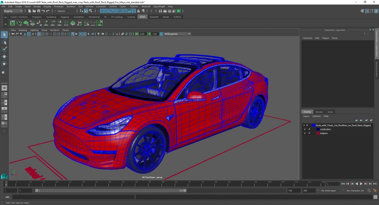 3D Tesla with Roof Rack Rigged for Maya