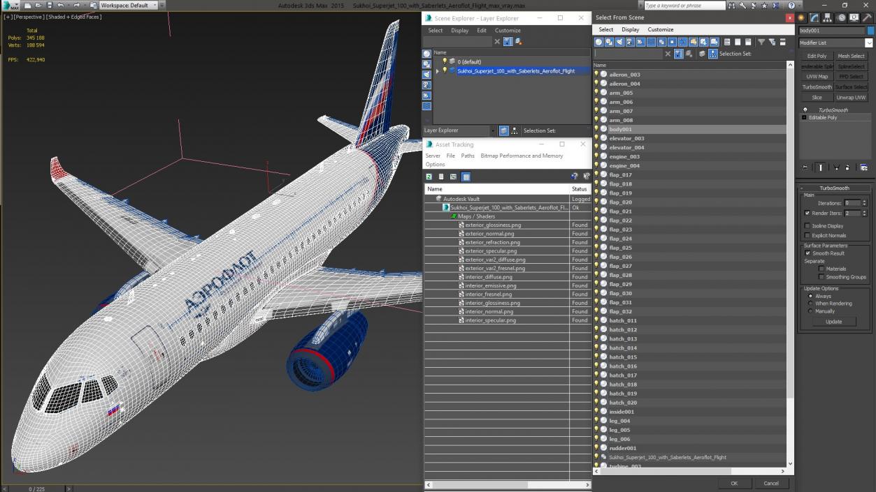 3D model Sukhoi Superjet 100 with Saberlets Aeroflot Flight