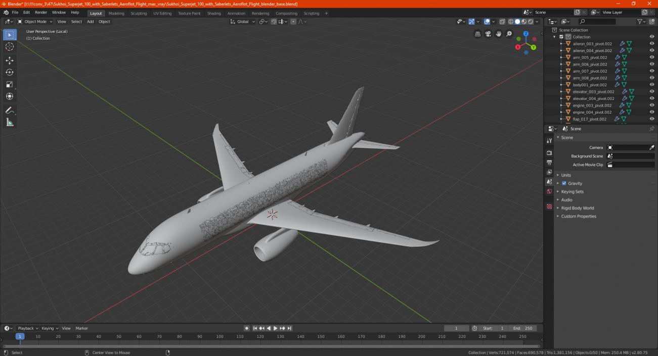 3D model Sukhoi Superjet 100 with Saberlets Aeroflot Flight