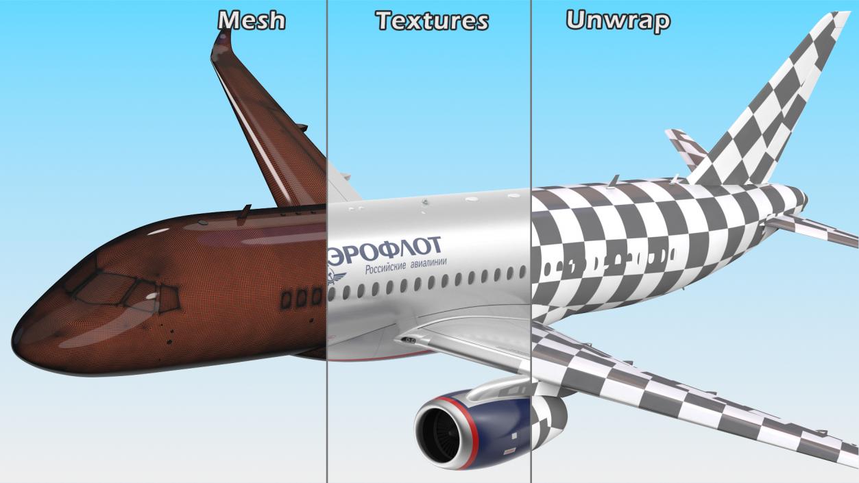 3D model Sukhoi Superjet 100 with Saberlets Aeroflot Flight