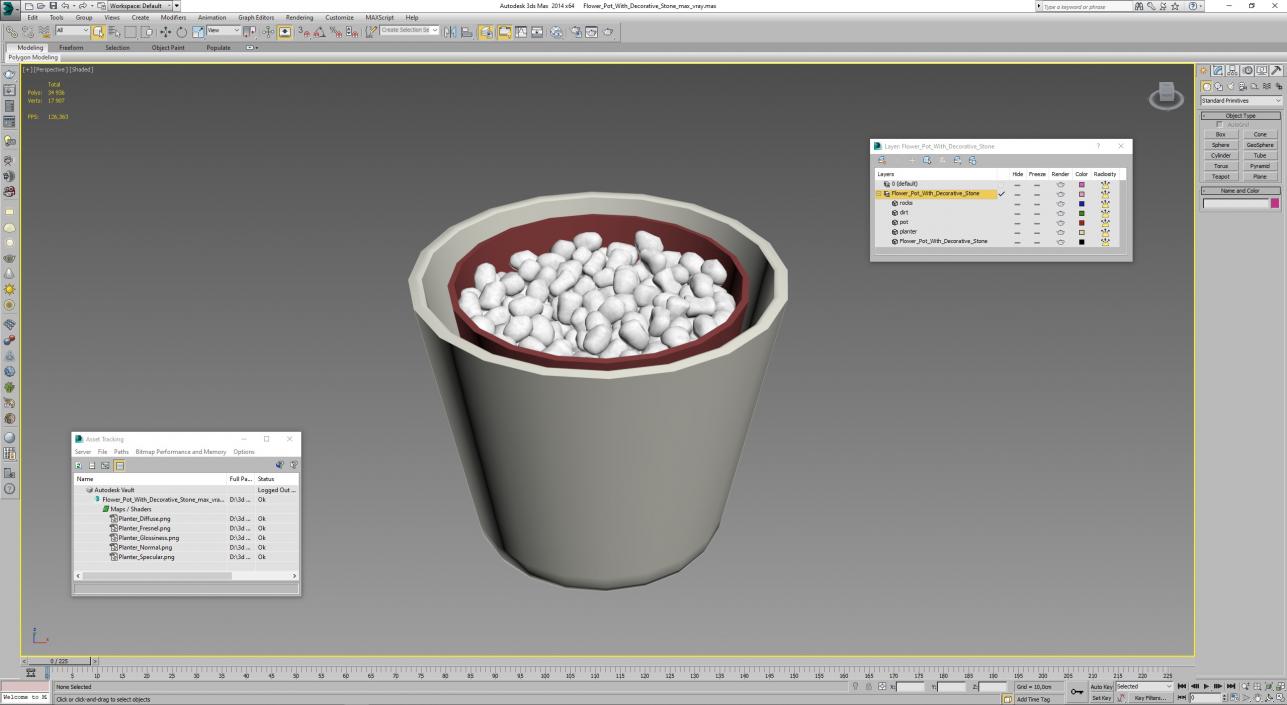 Flower Pot With Decorative Stone 3D