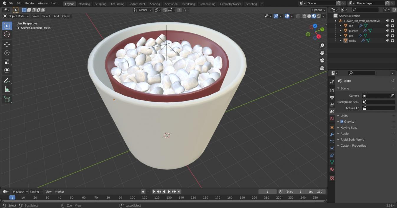 Flower Pot With Decorative Stone 3D