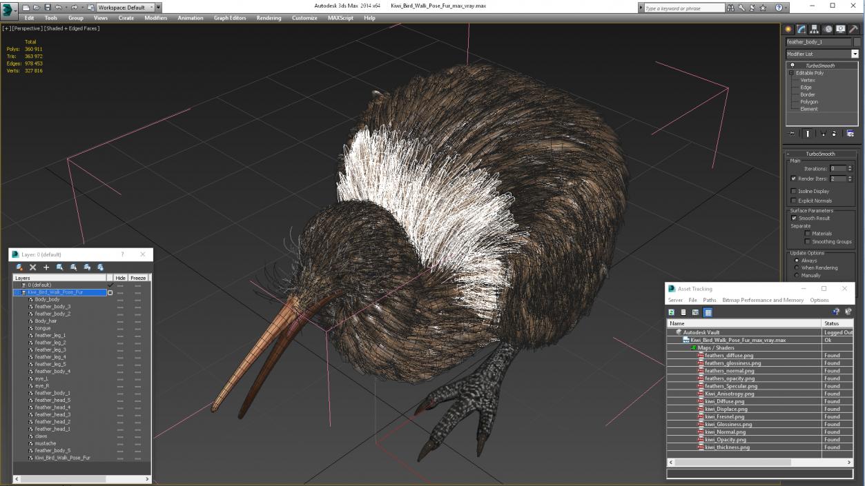 3D Kiwi Bird Walk Pose Fur model